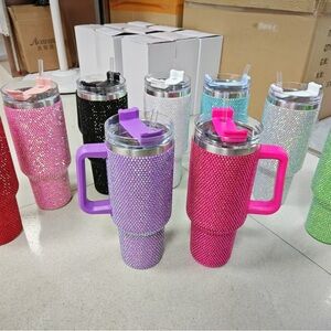 Rhinestone Tumbler with Handle - Pink, Purple, Black, Blue